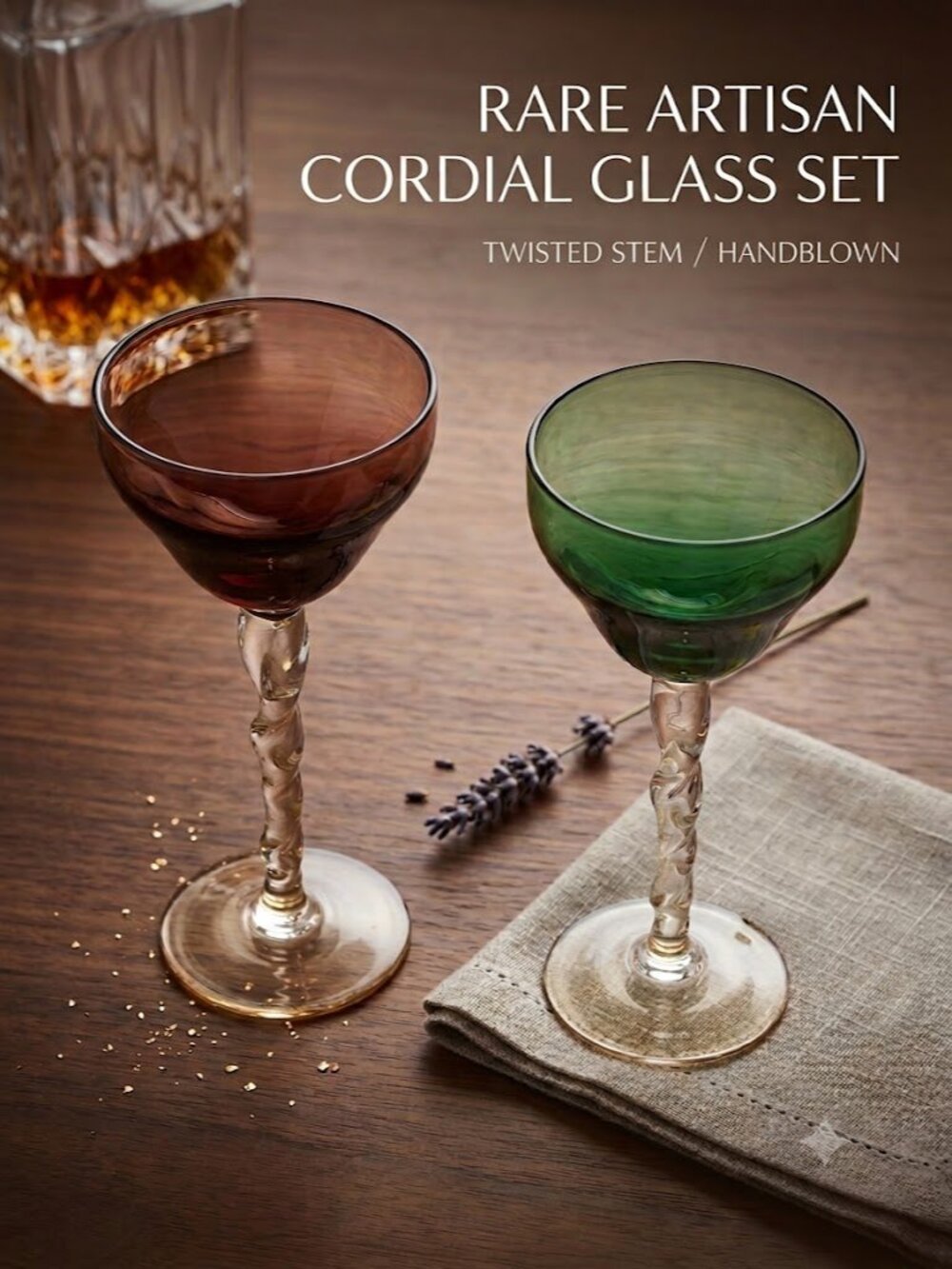 Vintage liqueur cocktail glasses set of 2 twisted stem purple green ombre color